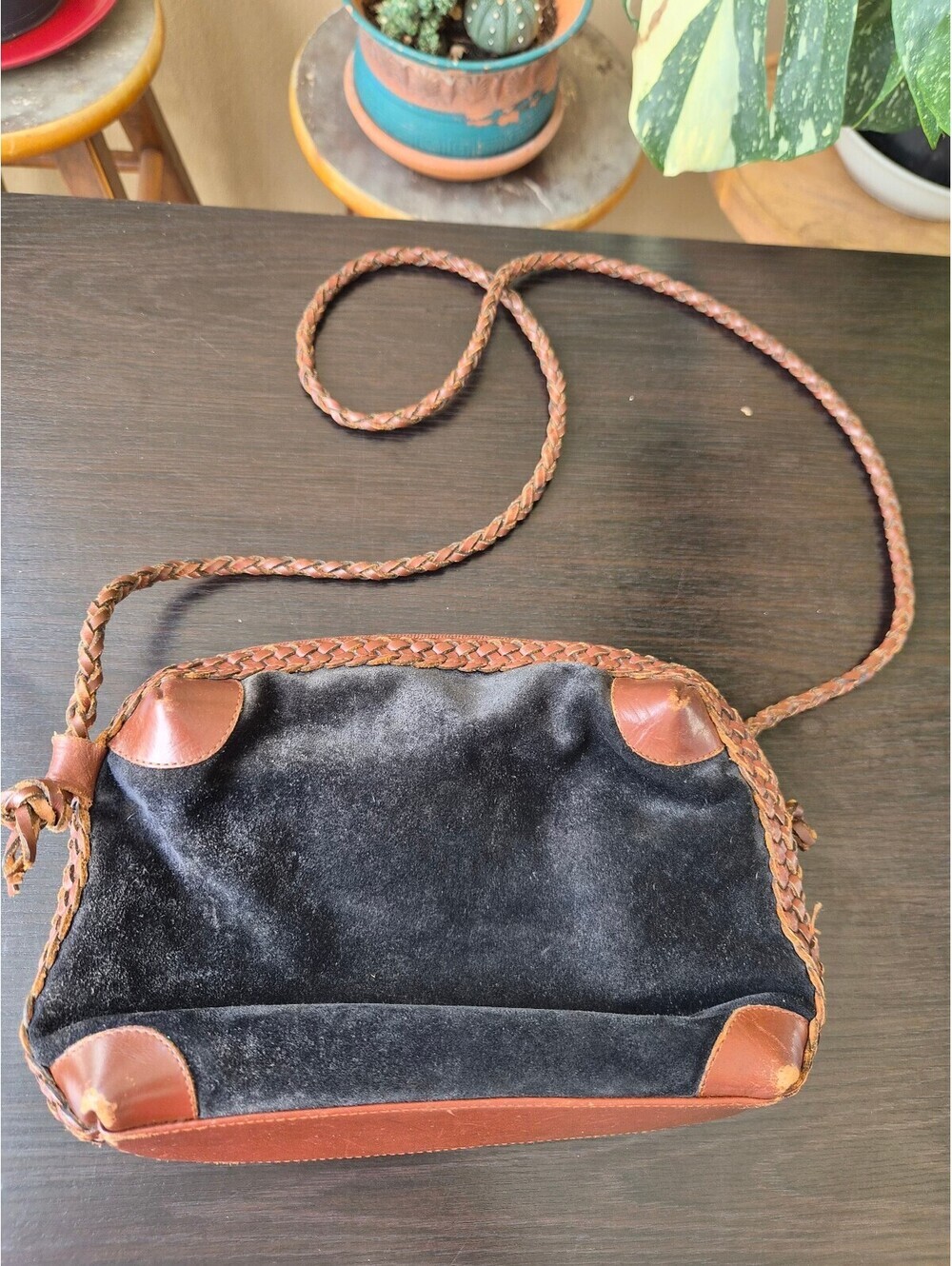 LJS Collection Black Suede Brown Leather Crossbody Bag Boho Vintage Style